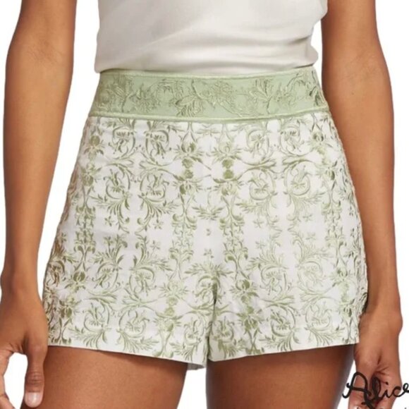 New Alice and Olivia Donald Embroidered High Waisted Shorts Green Republic Geo 8